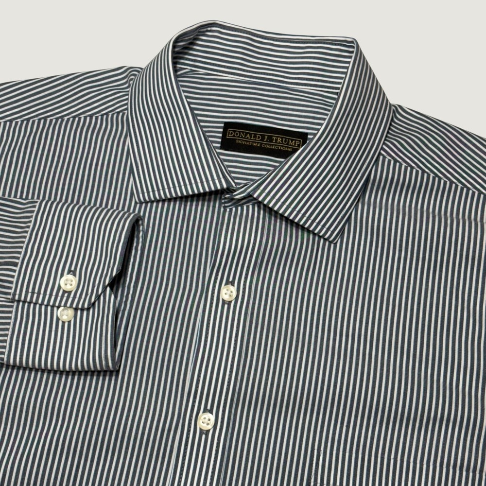Donald J. Trump Dress Shirt Mens 16.5 32/33 Blue White Striped Non-Iron Regular